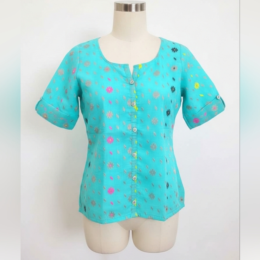 New Bengal cotton blend Henley teal top